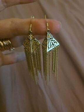 New Gold Tone Filigree Pyramid Tassel Drop Earrings - Women Jewelry